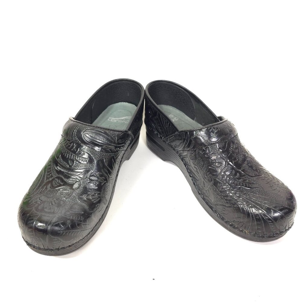 Dansko Professional Tooled Embossed Leather Clogs Black Womens Size 38 EU 7.5–8